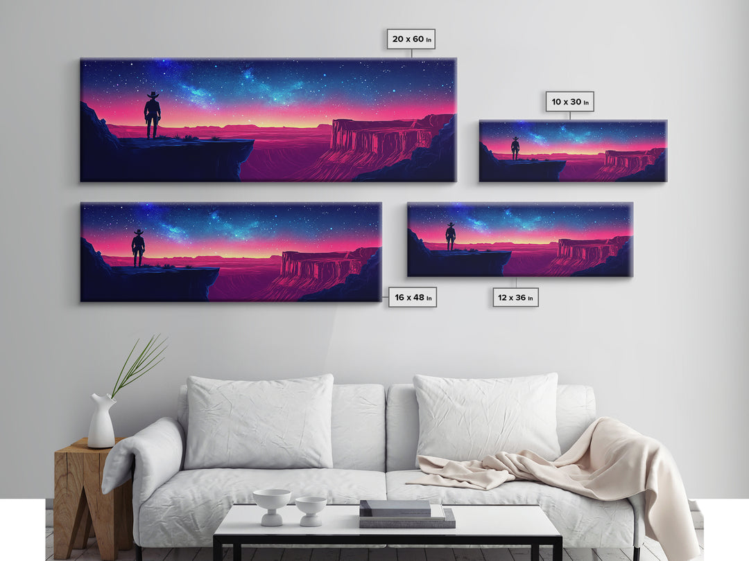 Antlered Traveler On Neon Desert Canyon Wall Art, Starry Night Western Fantasy Canvas Print For Game Room Decor, Housewarming Gift