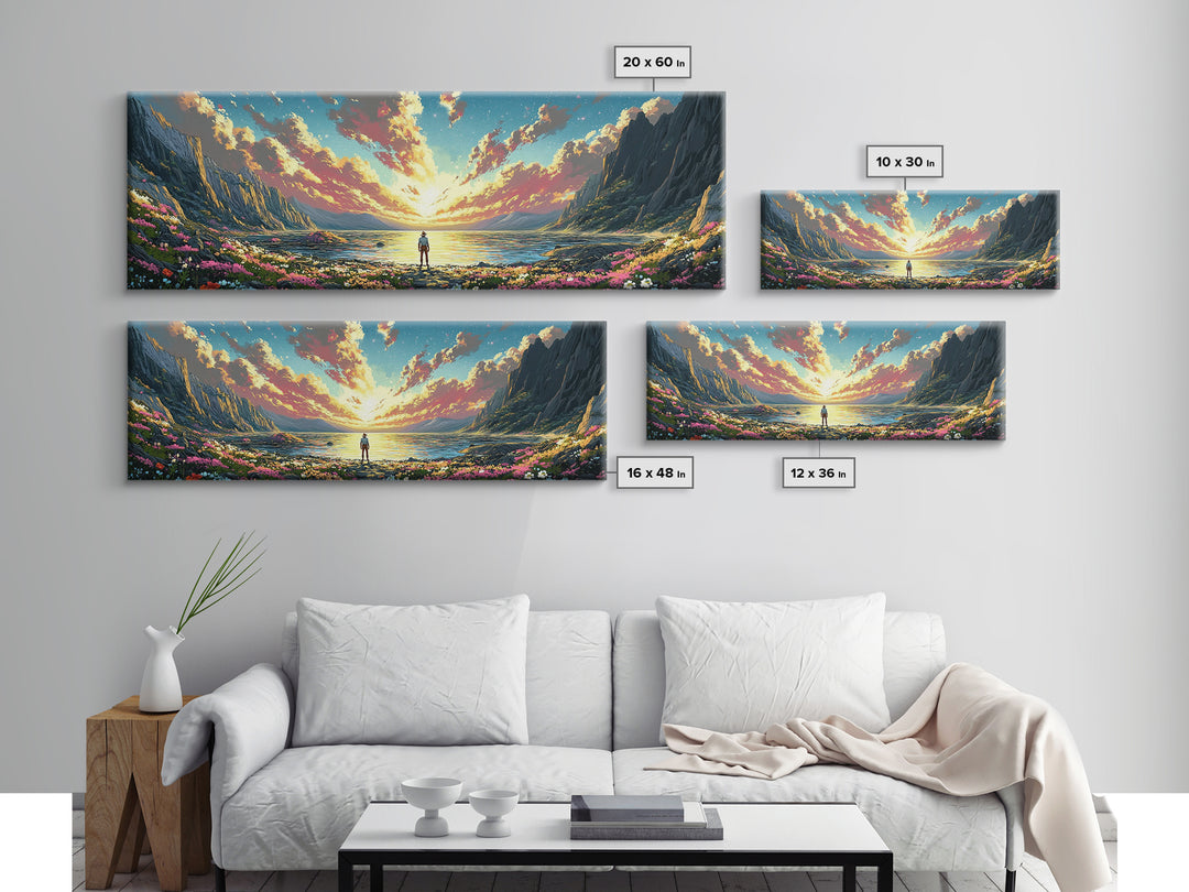 Lone Figure Beside Flowered Alpine Lake Wall Art, Panoramic Mountain Landscape Canvas Print For Bedroom Wall Decor Housewarming Gift