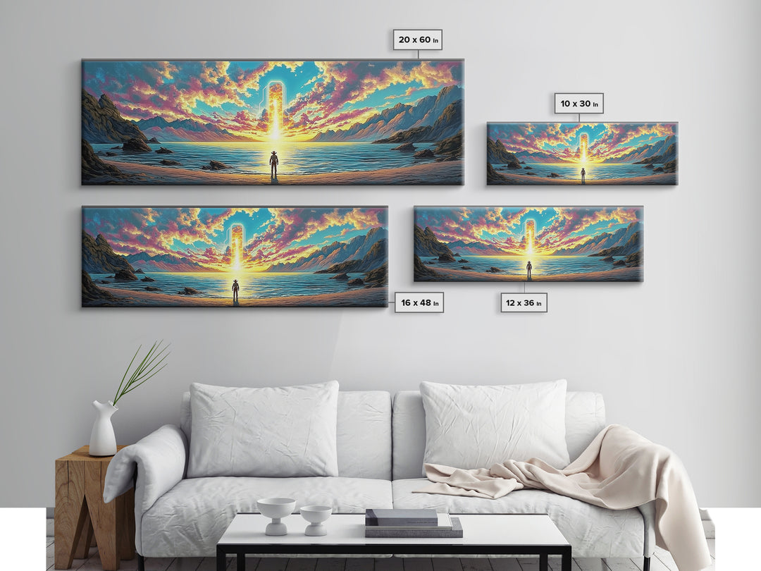 Glowing Portal Over Sunrise Ocean Shore Wall Art, Surreal Mountain Landscape Framed Canvas Print For Modern Living Room Decor