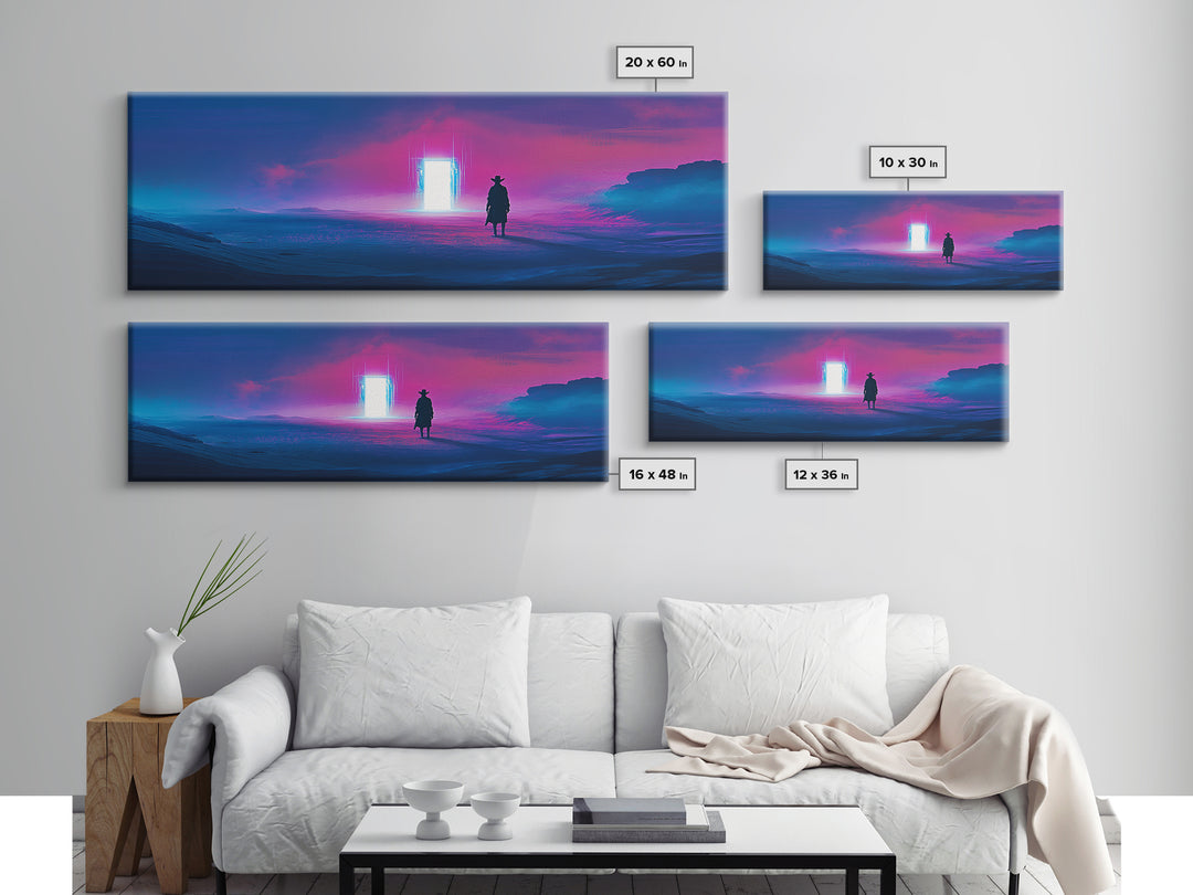 Cowboy Silhouette Facing Neon Ocean Portal Wall Art, Cyberpunk Western Landscape Canvas Print For Man Cave Wall Decor Gift