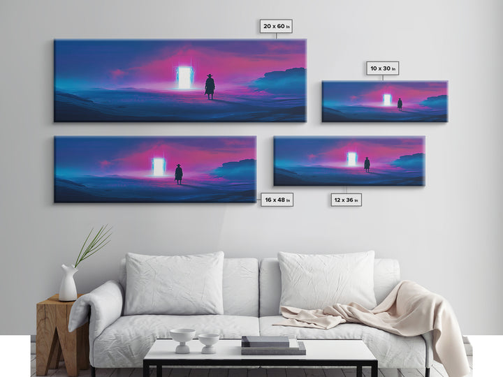 Cowboy Silhouette Facing Neon Ocean Portal Wall Art, Cyberpunk Western Landscape Canvas Print For Man Cave Wall Decor Gift
