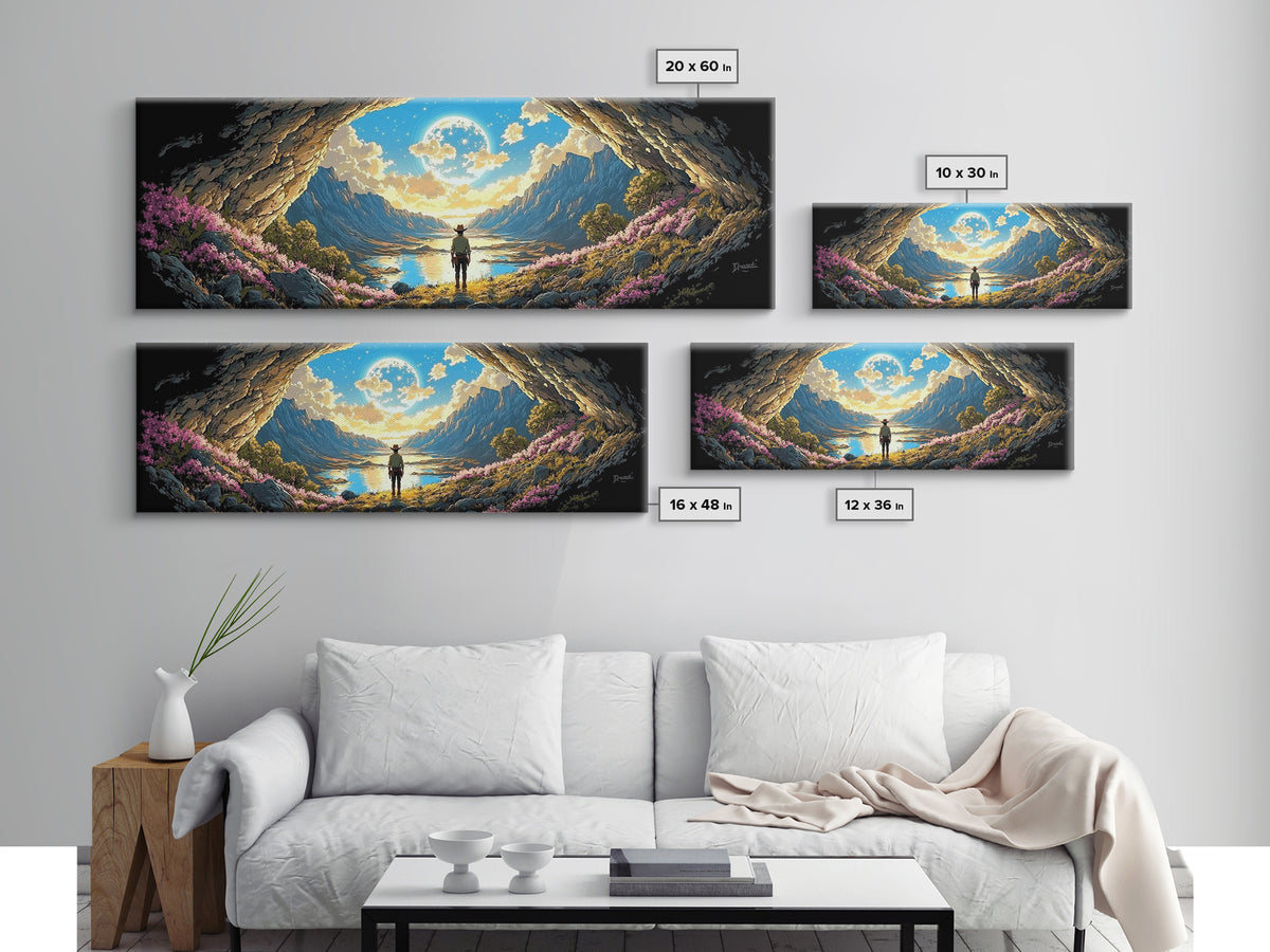 Adventurer In Moonlit Cave Opening Wall Art, Panoramic Alpine Lake Landscape Canvas Print For Fantasy Bedroom Decor Gift