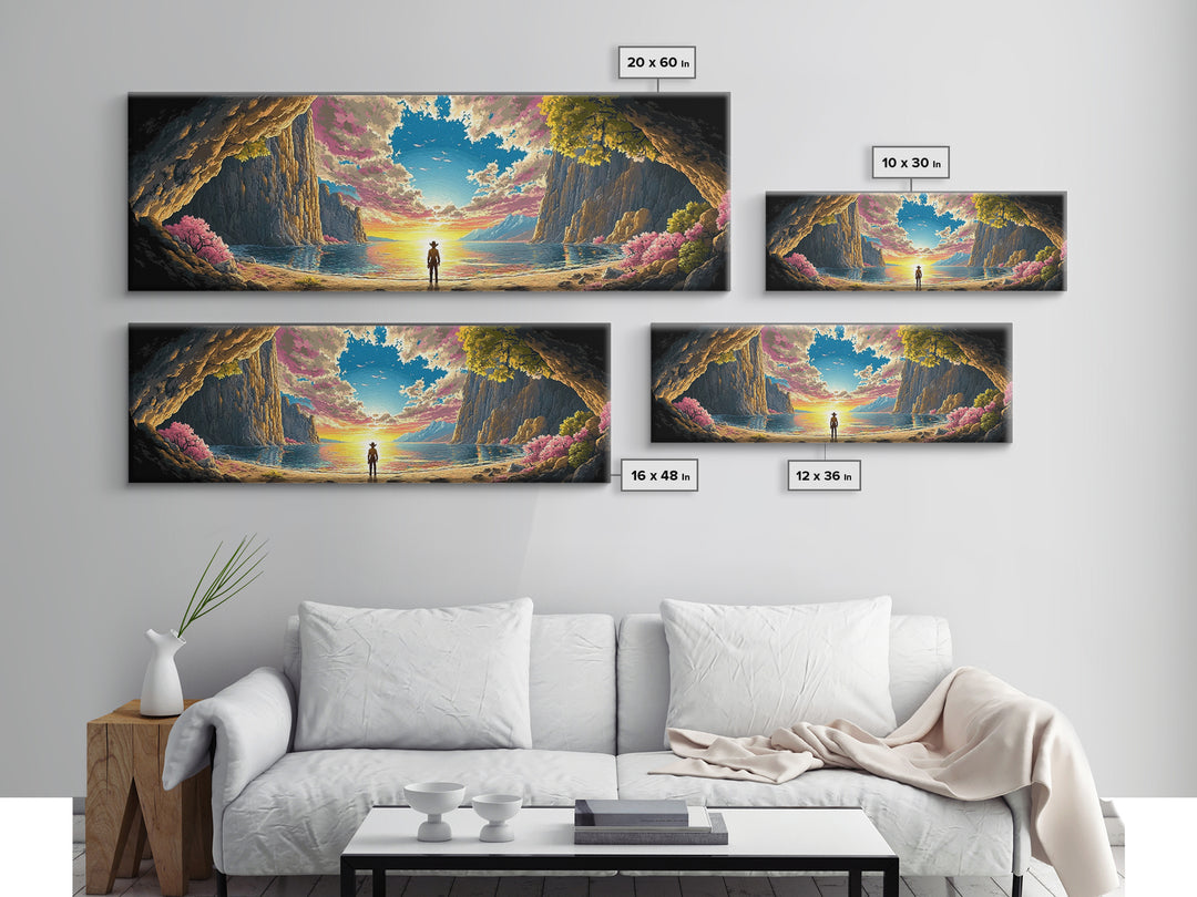 Lone Figure In Sunlit Coastal Cave Wall Art, Dramatic Panoramic Seascape Landscape Canvas Print For Beach House Living Room Decor Gift