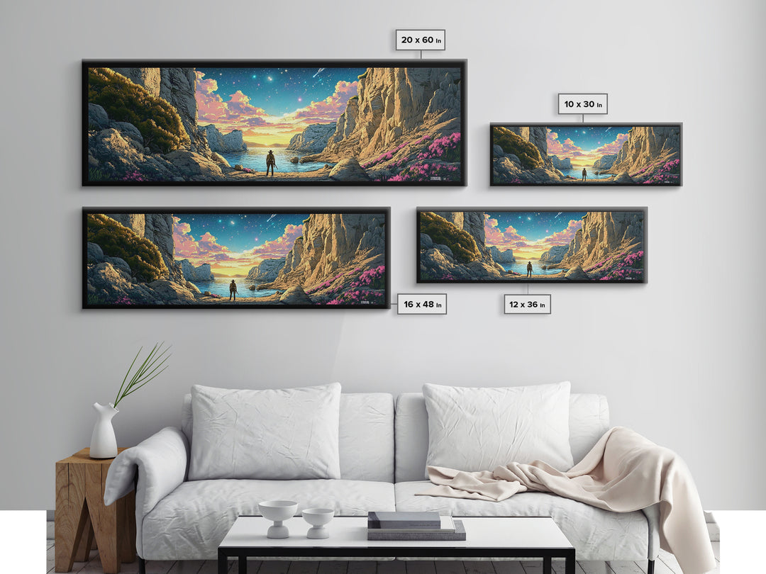 Explorer At Rocky Starlit Sea Cove Large Wall Art, Panoramic Coastal Landscape Canvas Print For Living Room Wall Decor Gift
