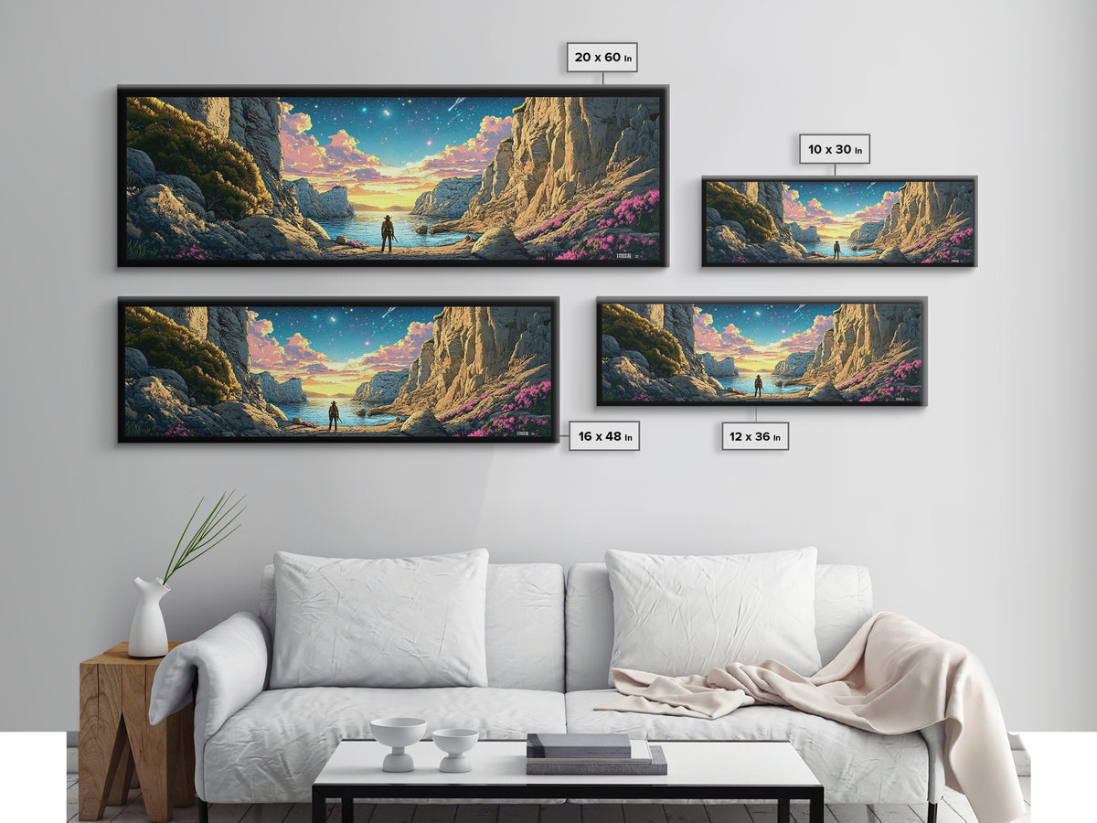 Explorer At Rocky Starlit Sea Cove Large Wall Art, Panoramic Coastal Landscape Canvas Print For Living Room Wall Decor Gift