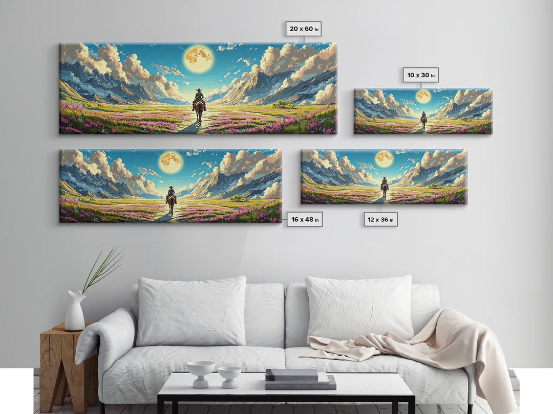 Cowboy Riding Through Moonlit Flower Valley Wall Art, Western Mountain Landscape Framed Canvas Print For Rustic Home Decor Gift
