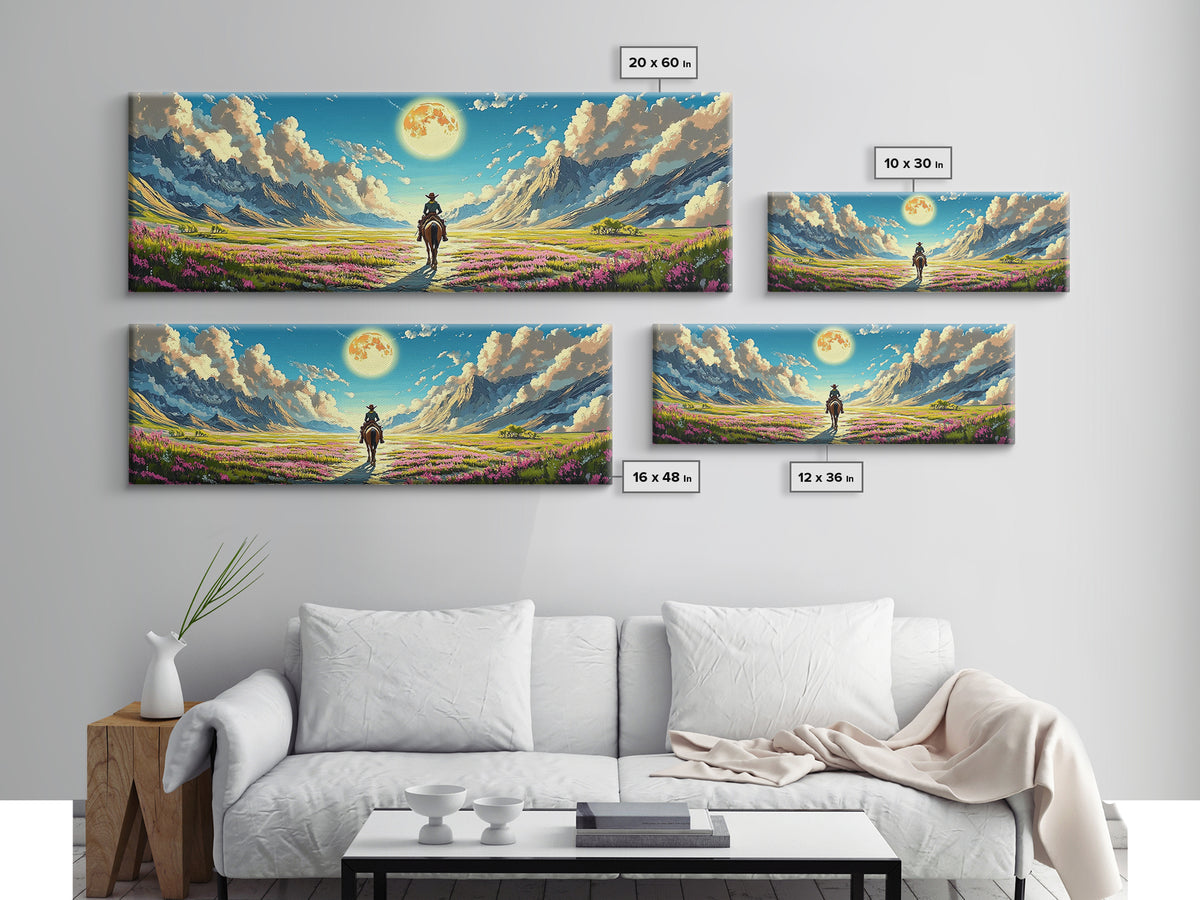 Cowboy Riding Through Moonlit Flower Valley Wall Art, Western Mountain Landscape Framed Canvas Print For Rustic Home Decor Gift