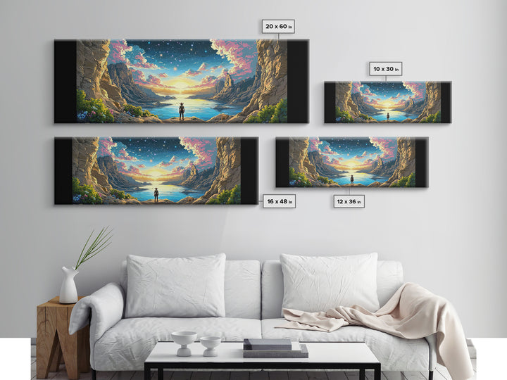 Starry Canyon Lake Cowboy Wall Art, Western Landscape Canvas Print, Sci Fi Desert Decor, Panoramic Living Room Art, Home Decor