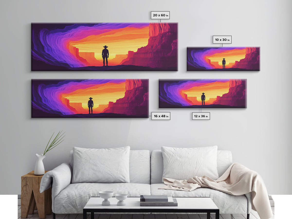 Neon Sunset Cowboy Canyon Wall Art, Western Desert Canvas Print, Vibrant Southwestern Decor, Panoramic Man Cave Art, Home Decor