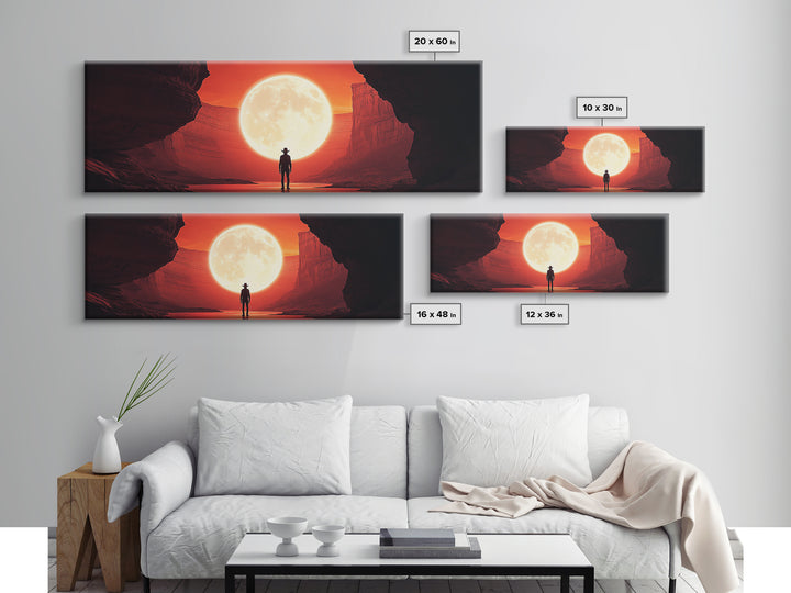Full Moon Cowboy Cave Wall Art, Red Desert Framed Canvas Print, Western Sci Fi Decor, Panoramic Bedroom Wall Decor, Home Decor