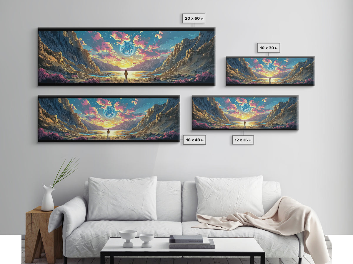 Alien Moon Mountain Valley Wall Art, Fantasy Landscape Canvas Print, Celestial Sci Fi Decor, Panoramic Living Room Art, Home Decor