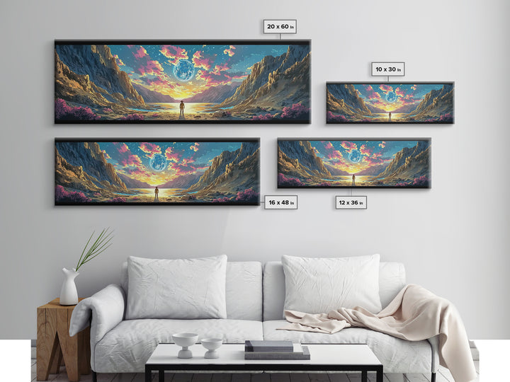 Alien Moon Mountain Valley Wall Art, Fantasy Landscape Canvas Print, Celestial Sci Fi Decor, Panoramic Living Room Art, Home Decor