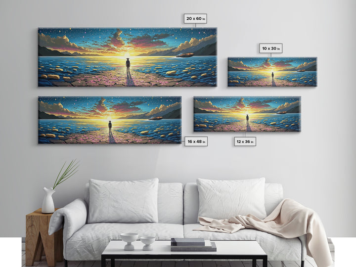 Starry Ocean Horizon Cowboy Wall Art, Coastal Sci Fi Canvas Print, Blue Seascape Decor, Panoramic Fantasy Landscape Art, Home Decor