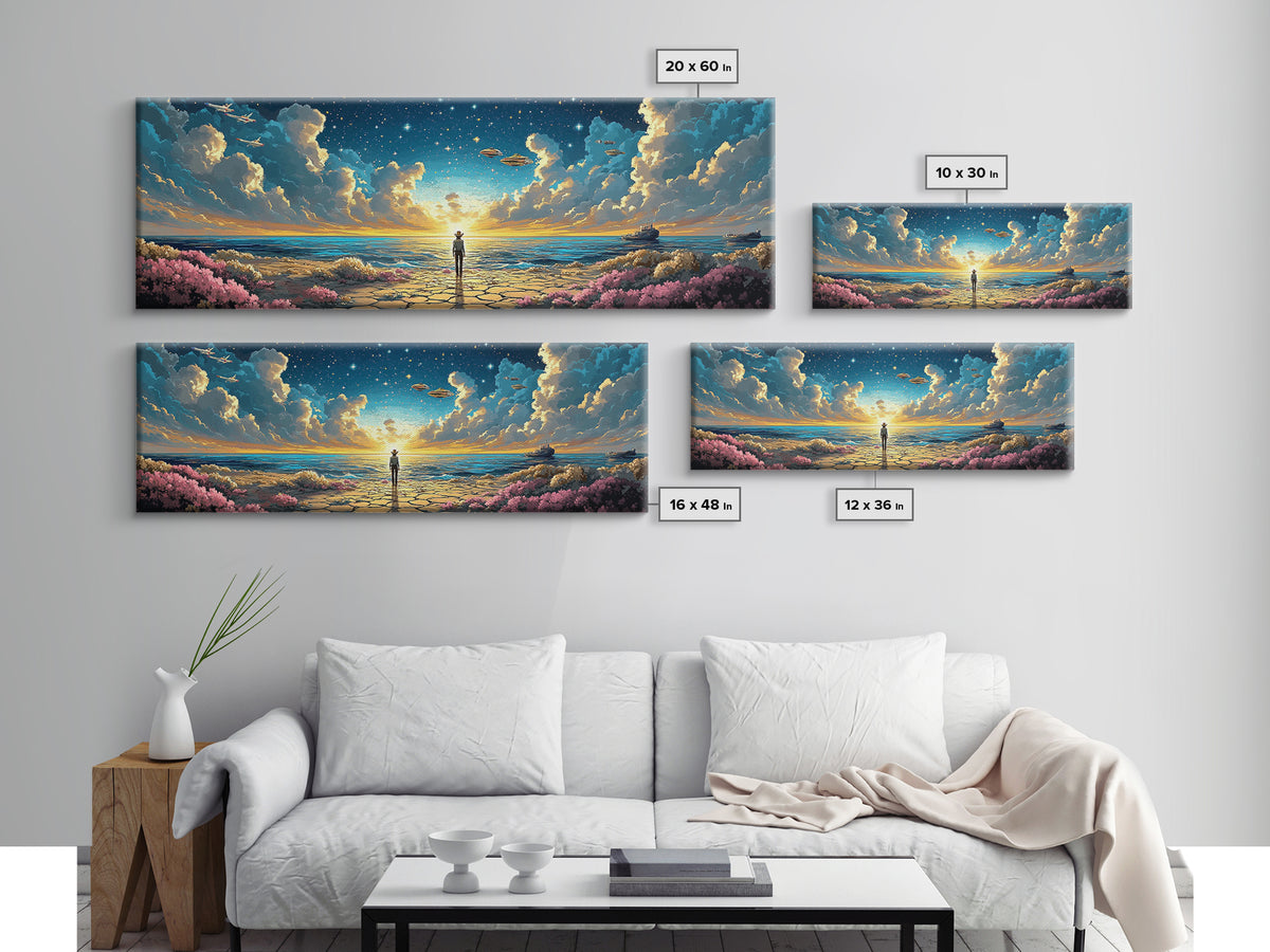 Ufo Seaside Sunrise Cowboy Wall Art, Coastal Sci Fi Canvas Print, Starry Ocean Decor, Panoramic Fantasy Living Room Art, Home Decor