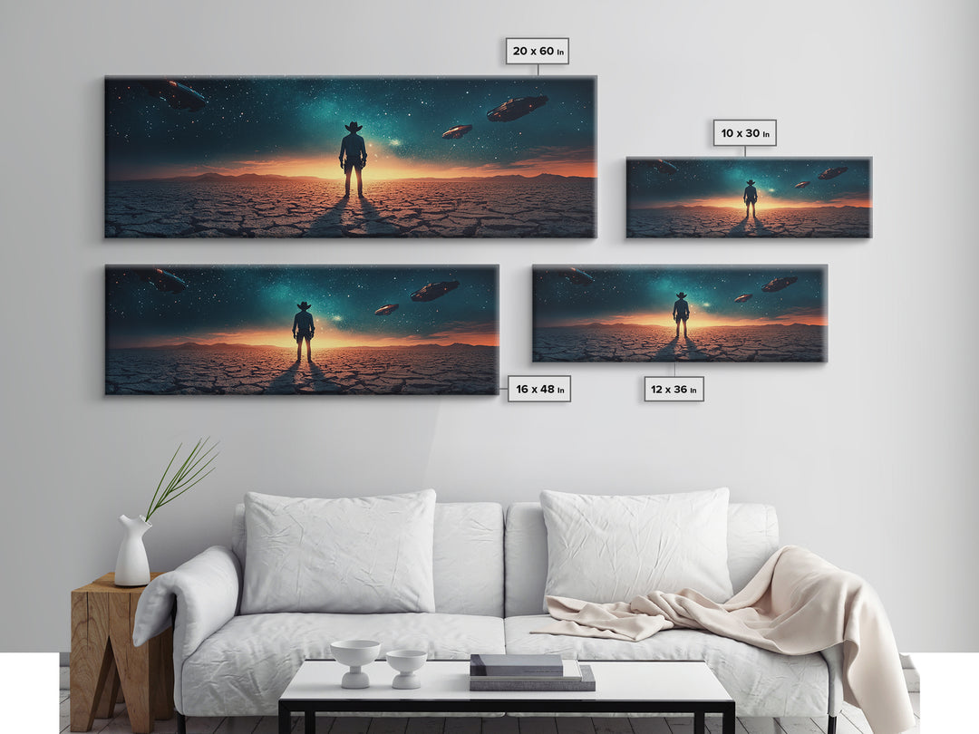 Ufo Desert Wanderer Cowboy Wall Art, Sci Fi Western Canvas Print, Alien Landscape Decor, Panoramic Man Cave Office Art, Home Decor