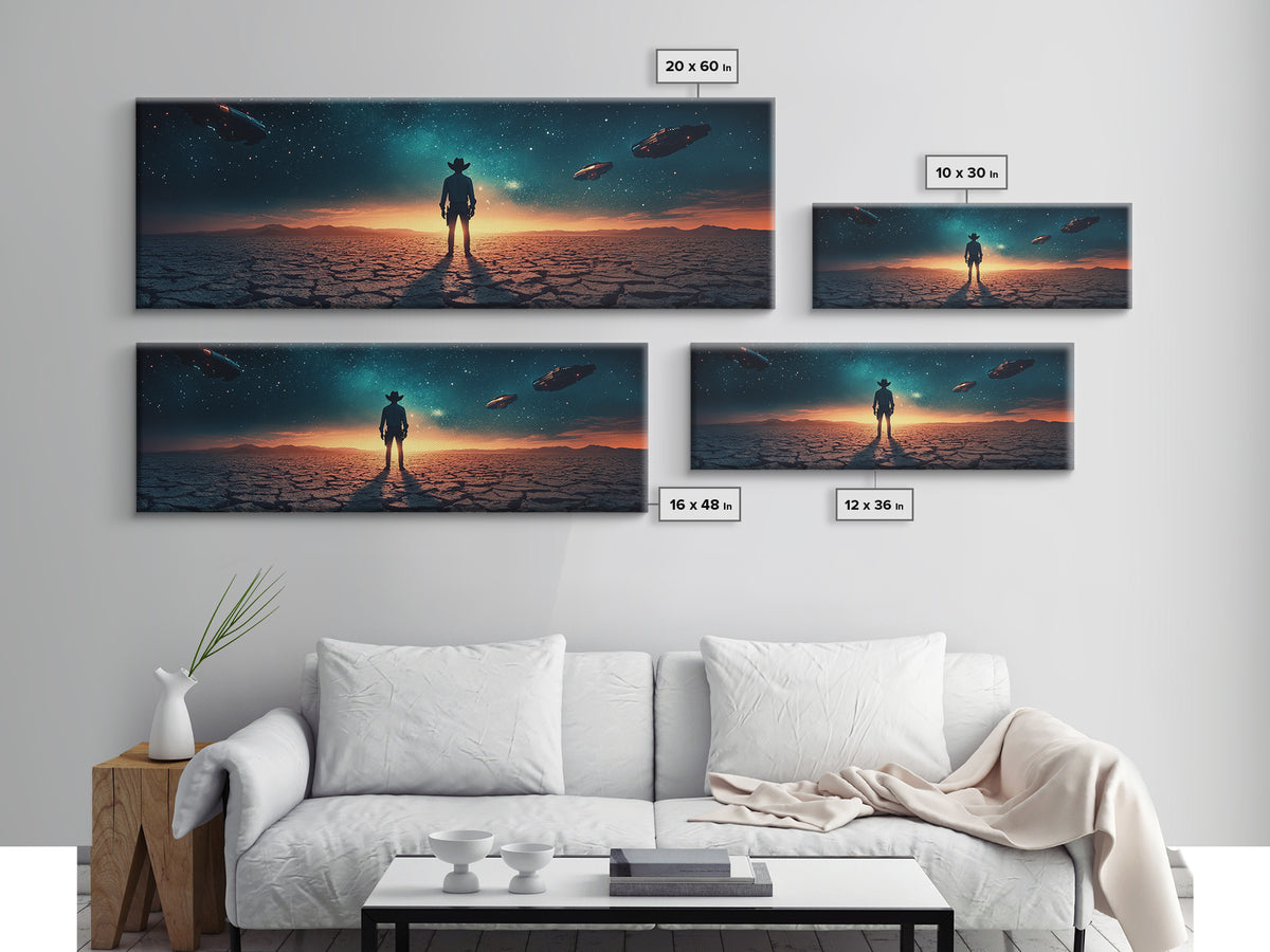 Ufo Desert Wanderer Cowboy Wall Art, Sci Fi Western Canvas Print, Alien Landscape Decor, Panoramic Man Cave Office Art, Home Decor