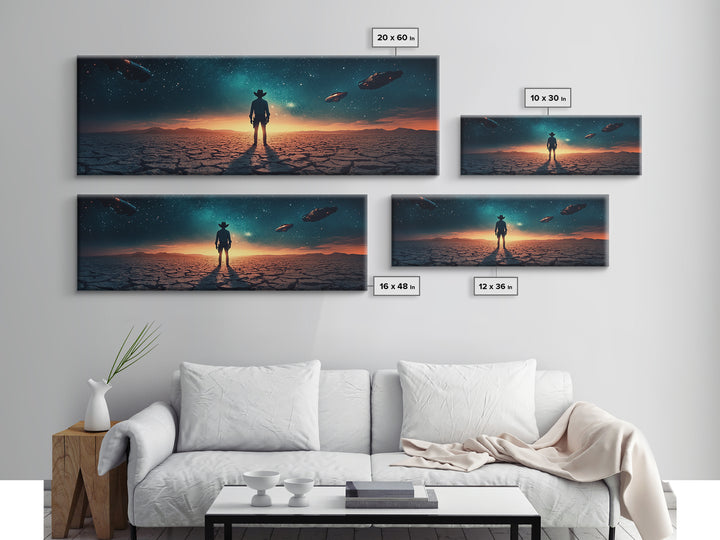 Ufo Desert Wanderer Cowboy Wall Art, Sci Fi Western Canvas Print, Alien Landscape Decor, Panoramic Man Cave Office Art, Home Decor