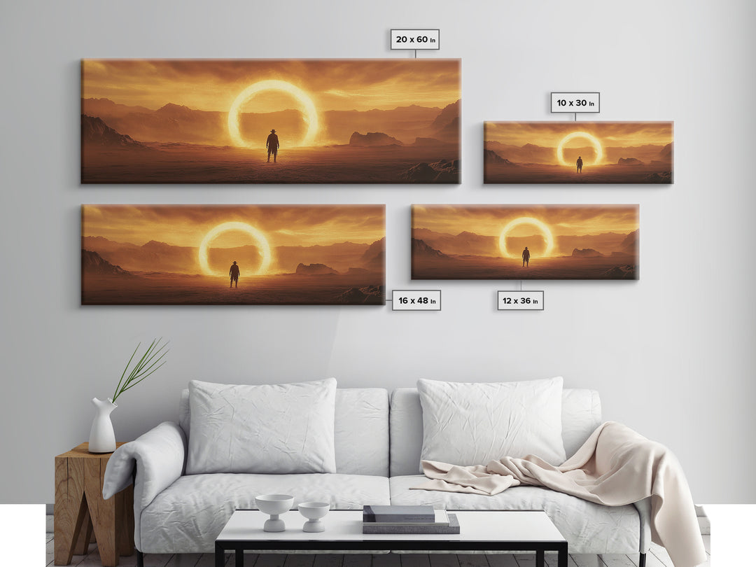 Golden Eclipse Cowboy Desert Wall Art, Western Sci Fi Canvas Print, Surreal Landscape Decor, Panoramic Living Room Art, Home Decor