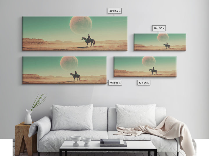 Lone Cowboy Under Giant Moon Wall Art, Western Desert Landscape Canvas, Panoramic Southwestern Decor, Living Room Decor, Gift For Him
