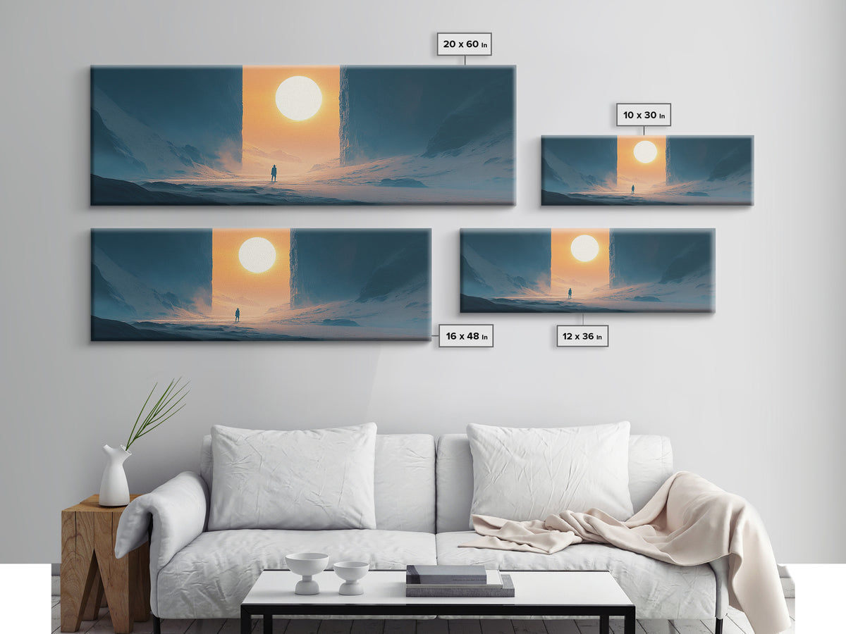 Solitary Figure Before Giant Sun Canvas Print, Futuristic Icy Landscape Wall Decor, Sci Fi Minimalist Art, Modern Office Decor
