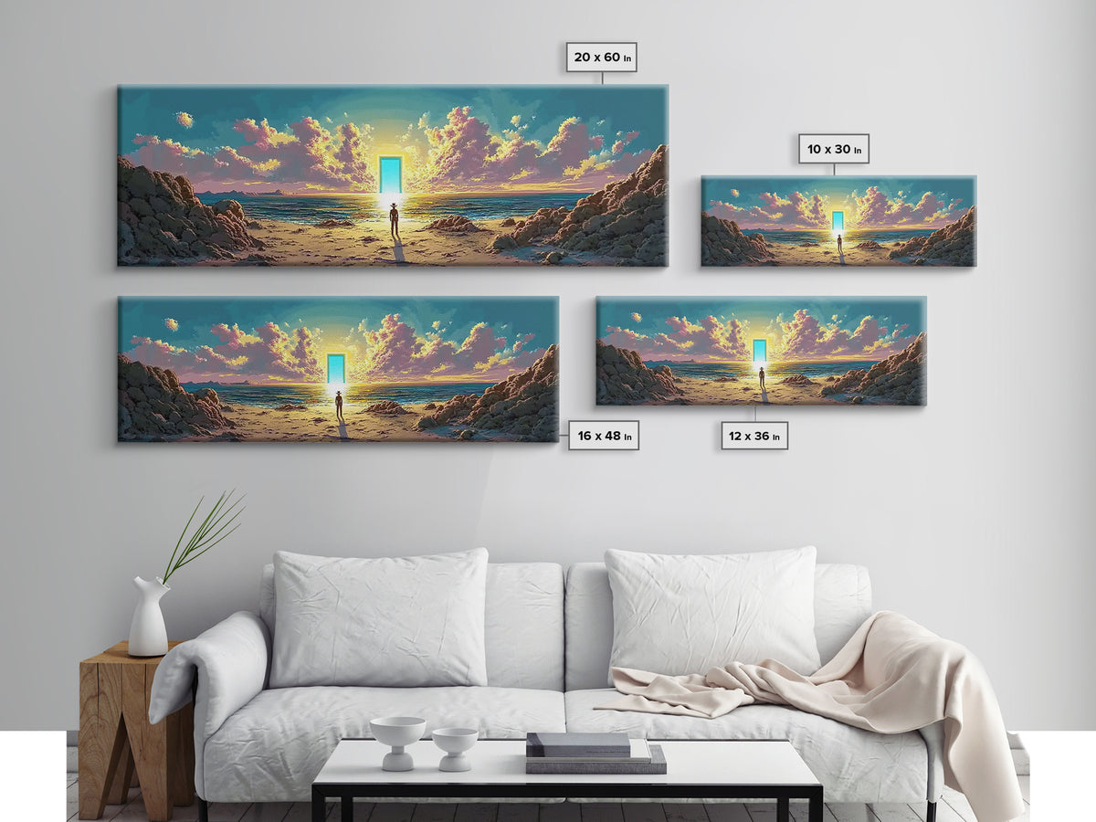 Glowing Doorway On Rocky Beach Wall Art, Surreal Ocean Sunset Canvas, Coastal Fantasy Decor, Mystical Living Room Art Print