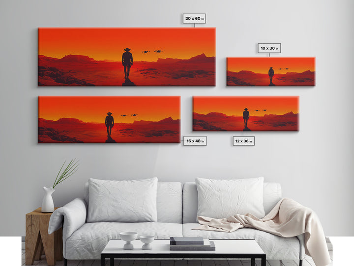 Cowboy Silhouette In Red Desert Sunset Wall Art, Western Sci Fi Landscape Canvas, Bold Southwestern Decor For Man Cave Wall Decor