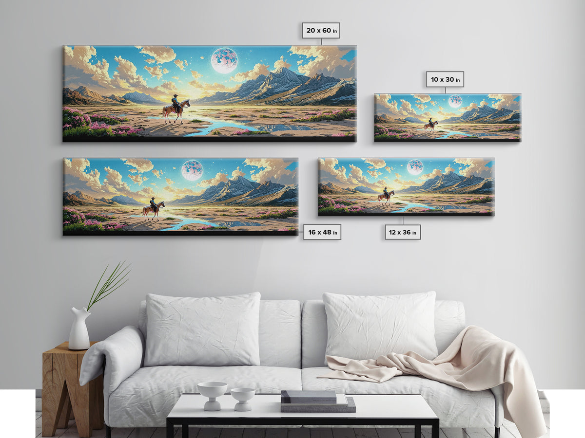 Lone Horse Rider Under Moon Canvas Print, Mountain Landscape Art, Western Wall Decor, Large Living Room Home Decor Gift Print