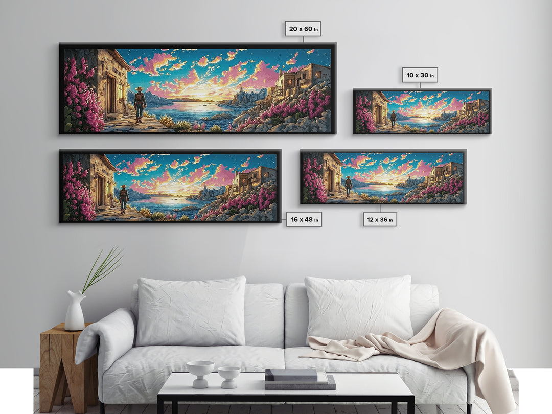 Cowboy Walking Through Coastal Village Wall Art, Mediterranean Seascape Print, Colorful Travel Poster, Living Room Decor