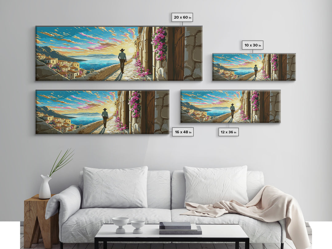 Sunlit Mediterranean Terrace Canvas Print, Coastal Village Wall Art, Italy Travel Poster, Beach House Living Room Decor Gift