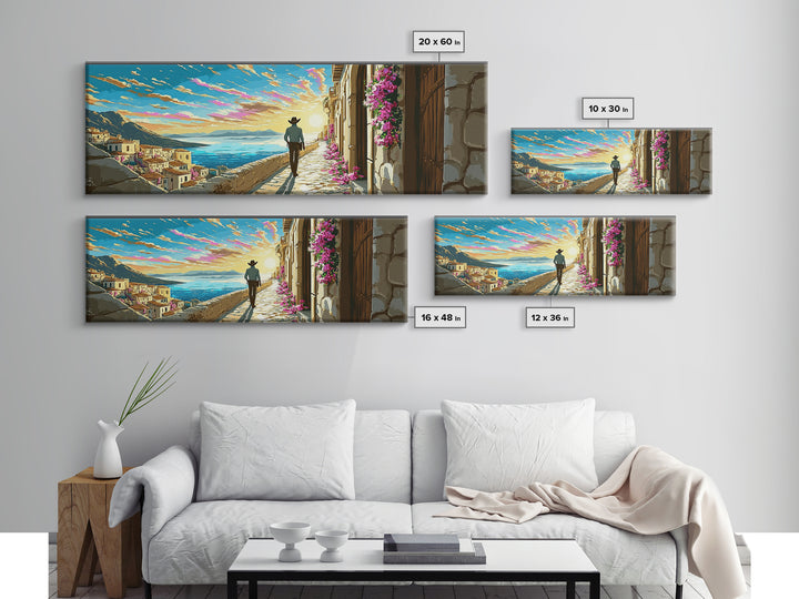 Sunlit Mediterranean Terrace Canvas Print, Coastal Village Wall Art, Italy Travel Poster, Beach House Living Room Decor Gift