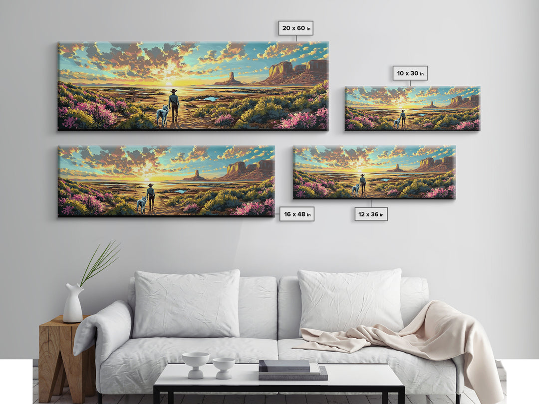 Cowboy And Dog Desert Sunset Framed Canvas Print, Western Landscape Art, Wildflower Wall Decor, Large Home Decor Gift Print