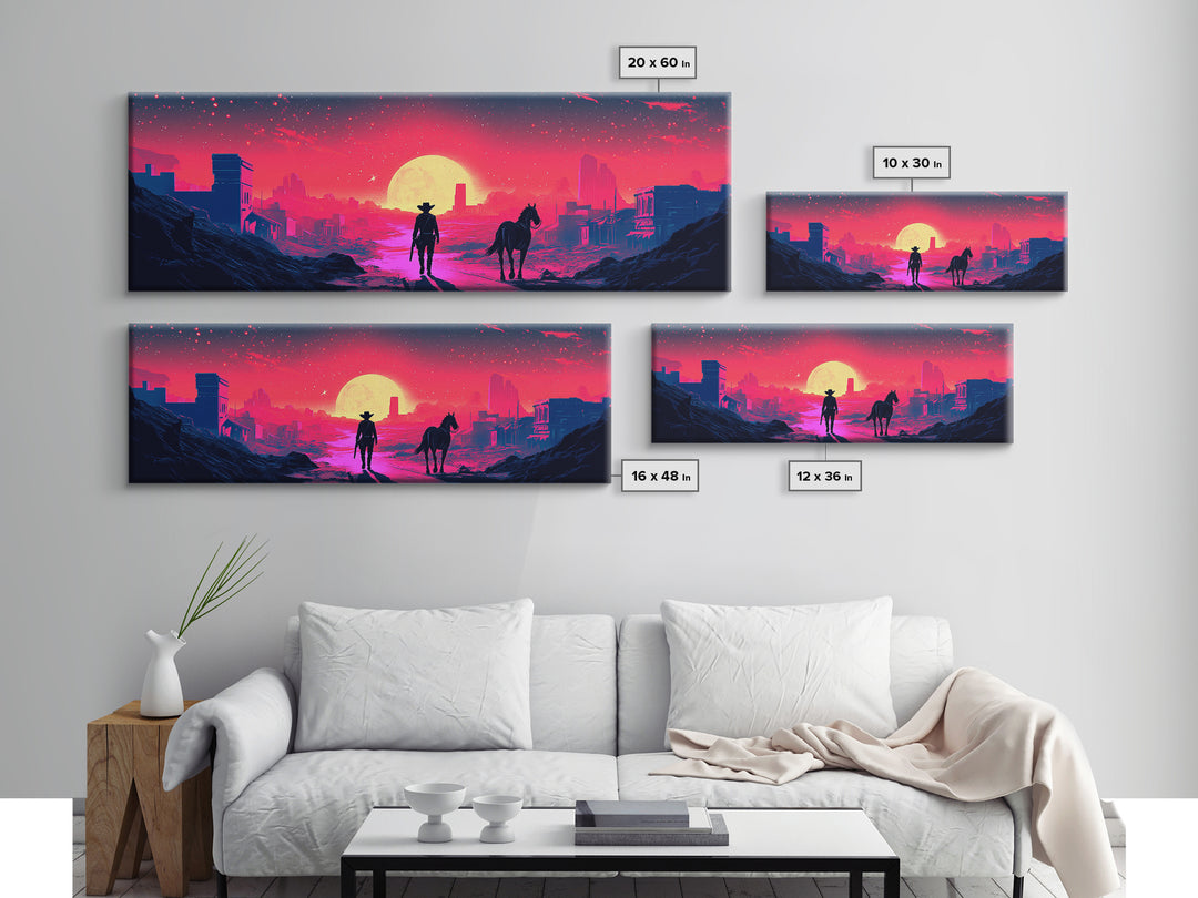Neon Cowboy And Horse Dystopian City Wall Art, Cyberpunk Sunset Landscape, Sci Fi Poster, Large Gaming Room Decor Gift Print