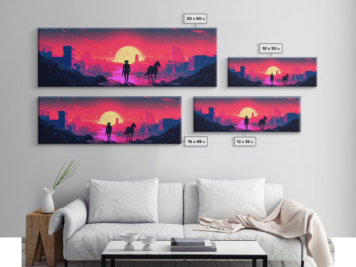 Neon Cowboy And Horse Dystopian City Wall Art, Cyberpunk Sunset Landscape, Sci Fi Poster, Large Gaming Room Decor Gift Print