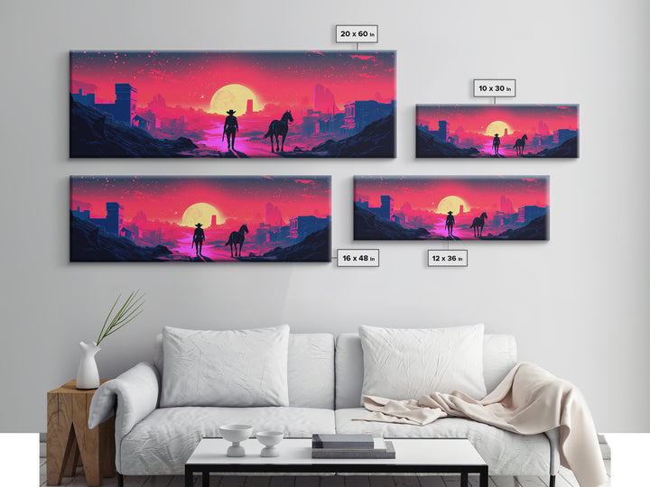 Neon Cowboy And Horse Dystopian City Wall Art, Cyberpunk Sunset Landscape, Sci Fi Poster, Large Gaming Room Decor Gift Print