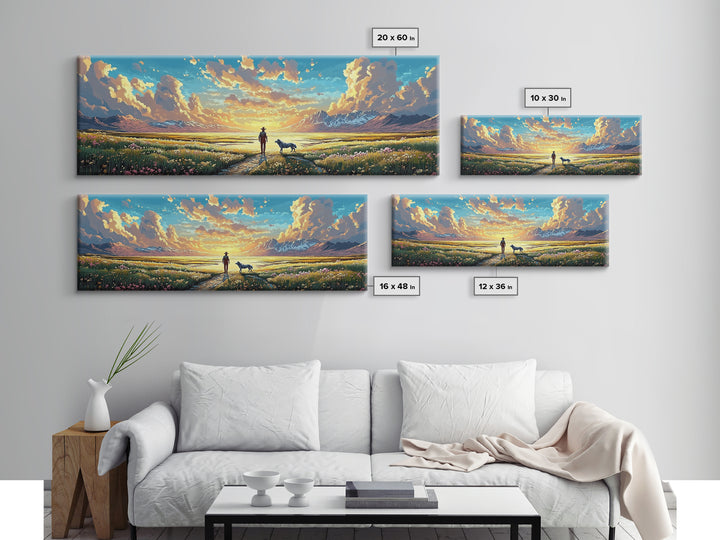 Lone Cowboy And Dog Wildflower Prairie Canvas Print, Mountain Landscape Wall Art, Western Home Decor, Housewarming Gift Print