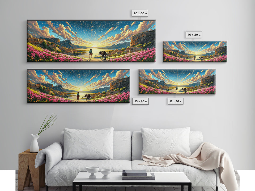 Starry Coastal Valley Rider Wall Art, Horse And Wildflower Landscape, Mediterranean Travel Poster, Large Living Room Decor