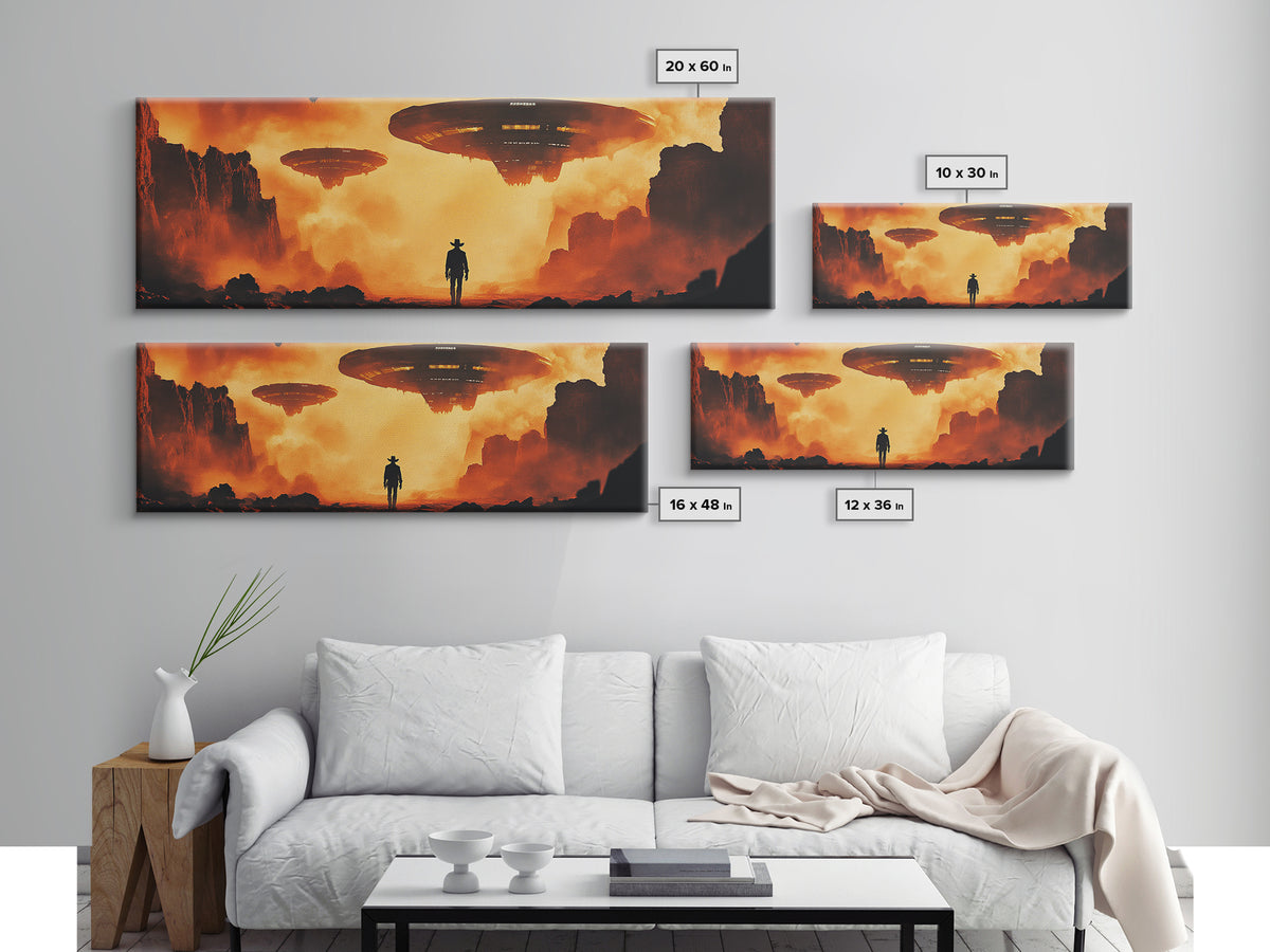 Cowboy Facing Giant UFOs Framed Canvas Print, Sci Fi Desert Canyon Wall Art, Dystopian Western Poster, Man Cave Decor Gift Print