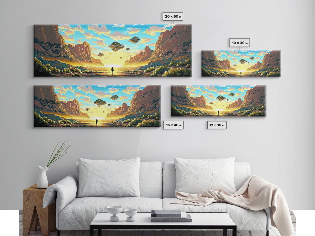 Alien Canyon Explorer With UFOs Canvas Print, Panoramic Sci Fi Desert Landscape Wall Art For Gaming Room Decor And Office Decor