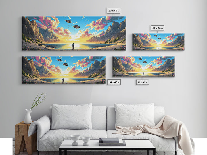 Pastel Alien Coast With UFOs Framed Canvas Print, Panoramic Sci Fi Ocean Landscape Wall Art For Beach House Decor And Living Room Decor