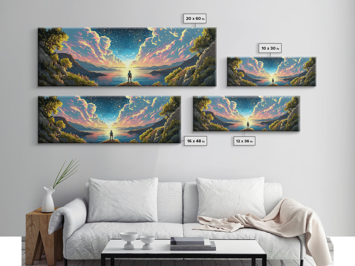 Starlit Lake Explorer Under Pink Clouds Canvas Print, Panoramic Celestial Landscape Wall Art For Dreamy Bedroom Decor And Office Decor