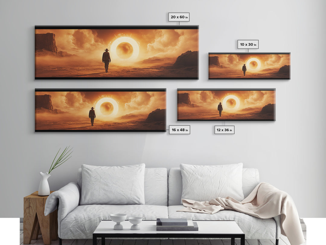 Surreal Desert Eclipse Cowboy Framed Canvas Print, Cinematic Western Landscape Wall Art For Man Cave Decor And Office Decor