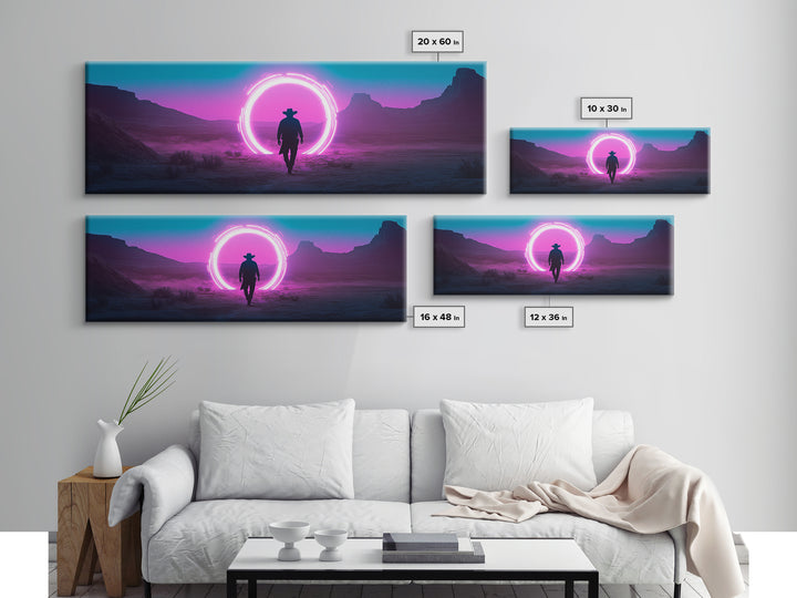 Neon Portal Cowboy In Purple Desert Framed Canvas Print, Synthwave Western Wall Art For Gaming Room Decor And Man Cave Decor