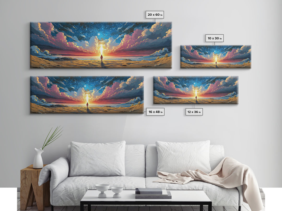 Cosmic Beach Explorer Beneath Starry Sky Canvas Print, Panoramic Sci Fi Seascape Wall Art For Space Lover Decor And Bedroom Decor
