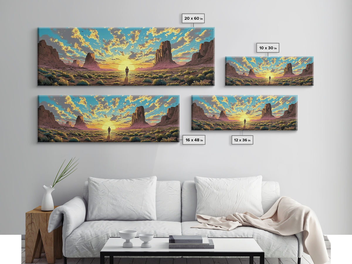 Monument Valley Cowboy At Sunrise Canvas Print, Panoramic Southwestern Desert Landscape Wall Art For Rustic Home Decor And Office Decor