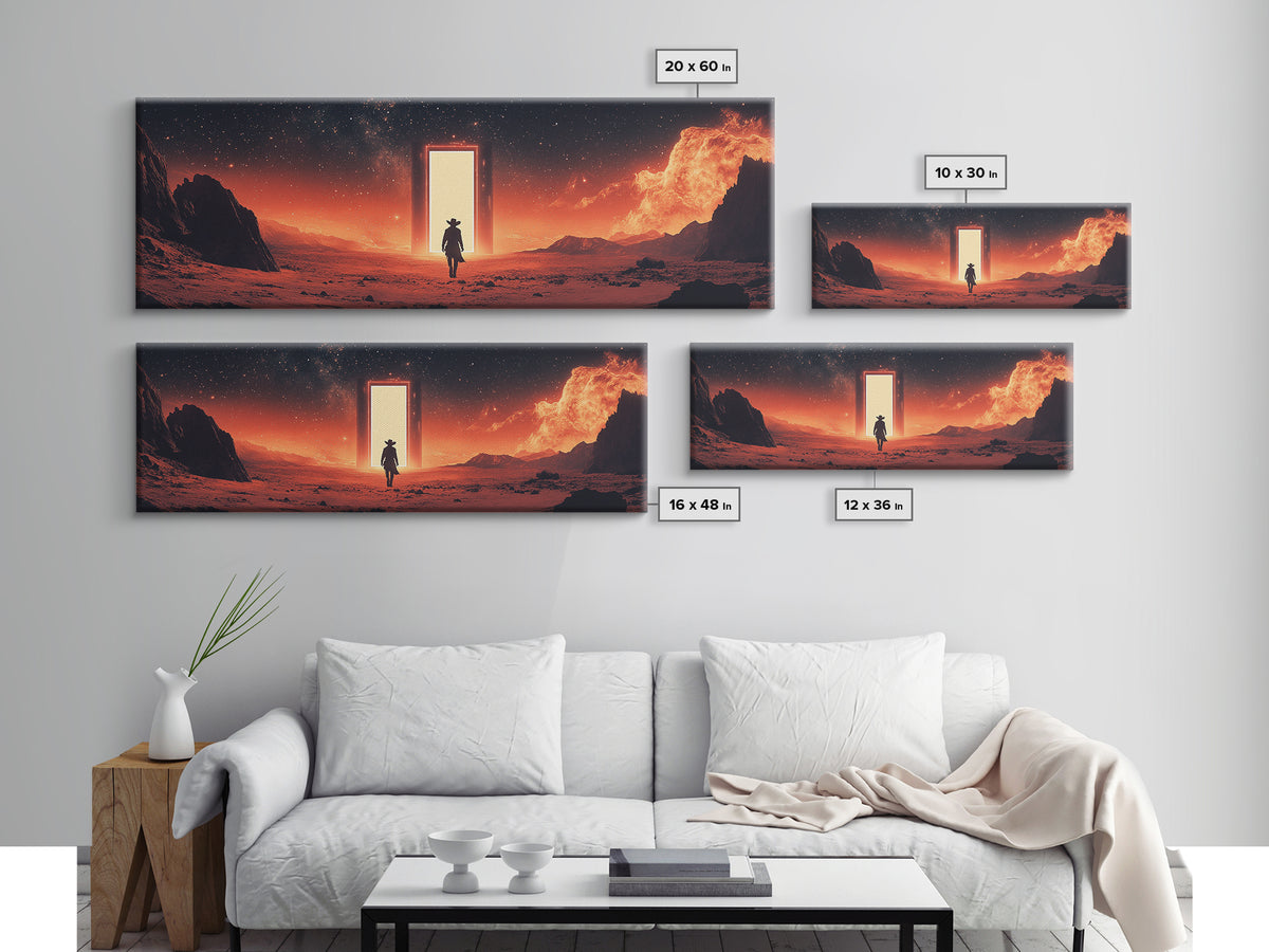 Glowing Portal In Red Desert, Lone Traveler Under Starry Sky, Sci Fi Western Canvas Print, Space Wall Art, Futuristic Decor
