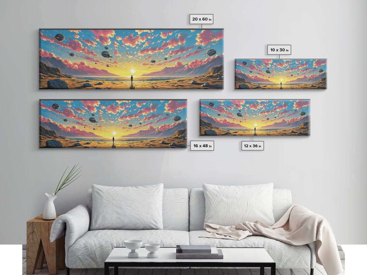Pastel Alien Ships Over Sunset Shore, Lone Figure At Ocean Horizon, Sci Fi Wall Art, Coastal Canvas Print, Futuristic Decor