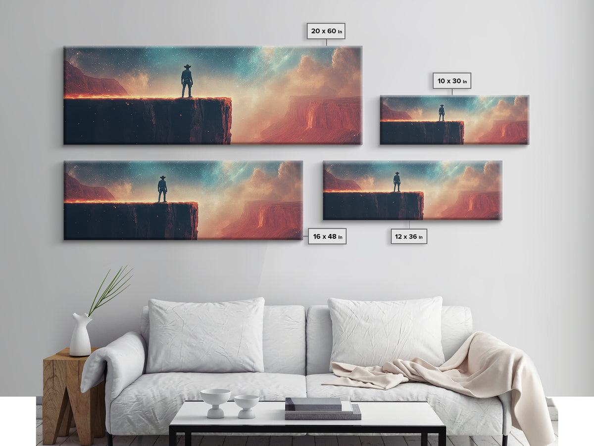 Cowboy On Glowing Canyon Cliff, Starry Teal Sky And Red Desert, Western Wall Art, Panoramic Canvas Print, Man Cave Decor