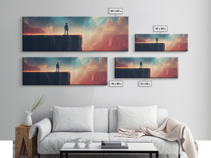 Cowboy On Glowing Canyon Cliff, Starry Teal Sky And Red Desert, Western Wall Art, Panoramic Canvas Print, Man Cave Decor