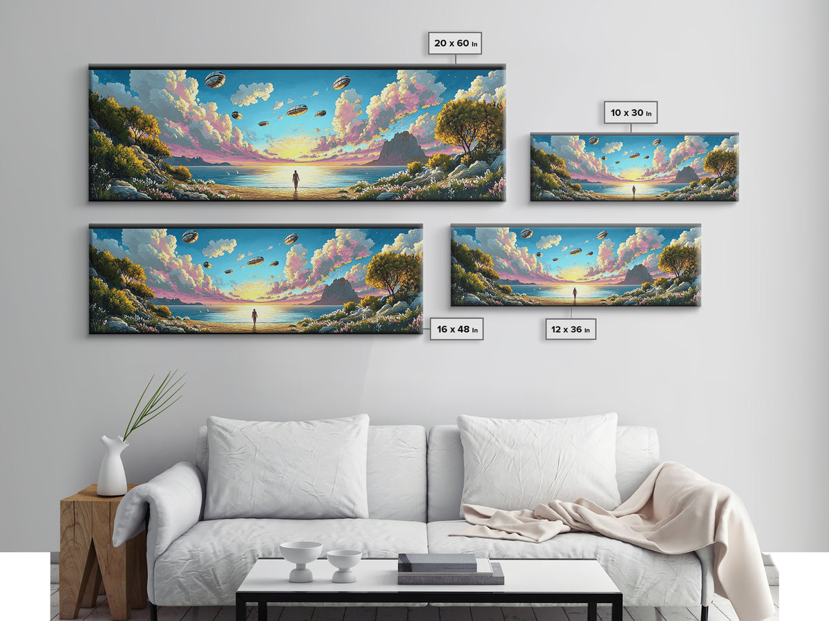 Alien Airships Above Flowered Coast, Lone Figure By Blue Sea, Whimsical Sci Fi Wall Art, Coastal Framed Canvas Print, Home Decor