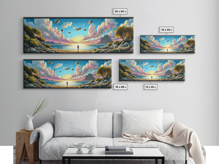 Alien Airships Above Flowered Coast, Lone Figure By Blue Sea, Whimsical Sci Fi Wall Art, Coastal Framed Canvas Print, Home Decor